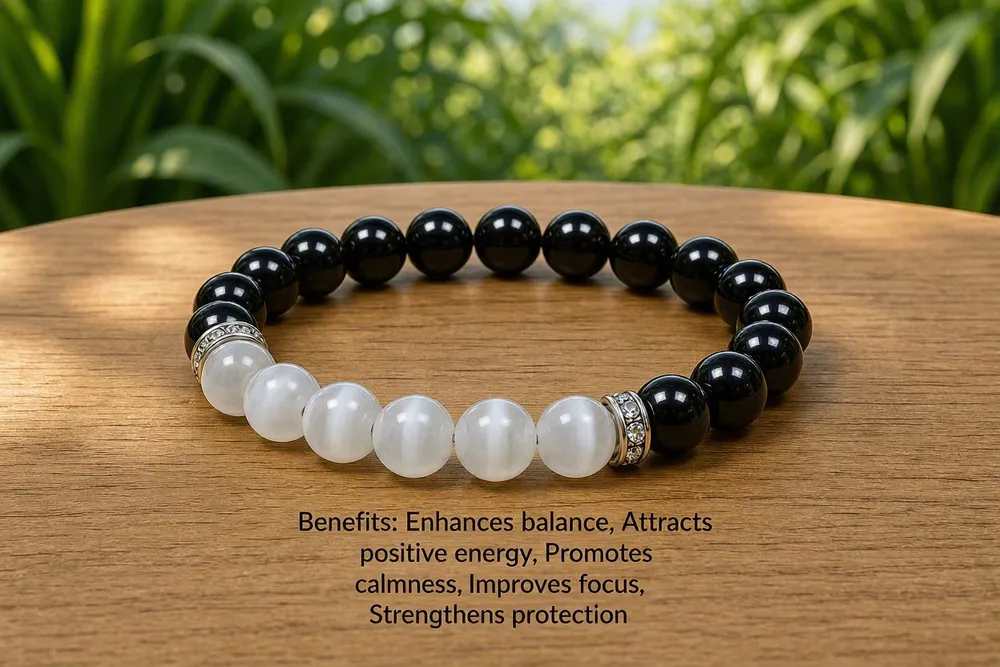 Black Tourmaline And Selenite Gemstone Beaded Bracelet For Unisex with Lab Certificate