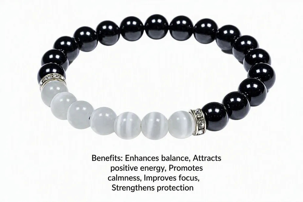 Black Tourmaline And Selenite Gemstone Beaded Bracelet For Unisex with Lab Certificate — view 4