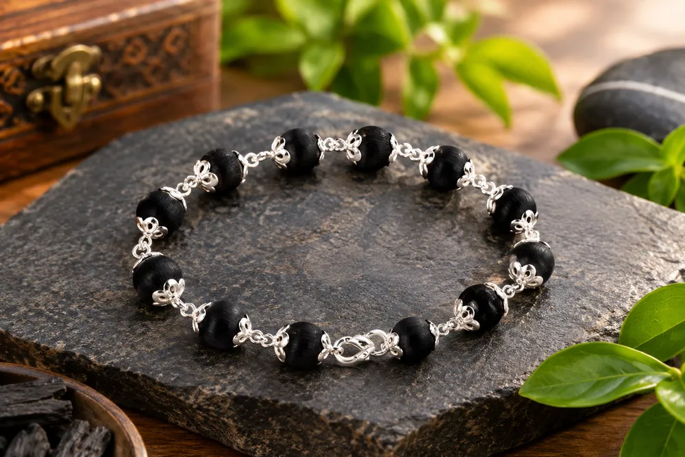 Karungali Black Ebony Wood Beaded with silver Capping Bracelet for unisex- Lab Certified