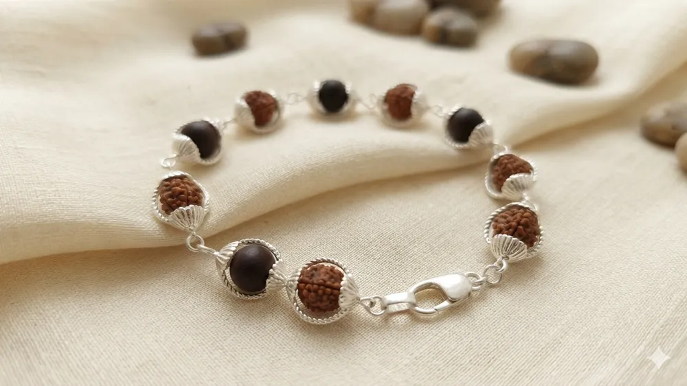 Natural And silver Tone Rudraksha and karungali Beaded Spiritual Bracelet For Unisex