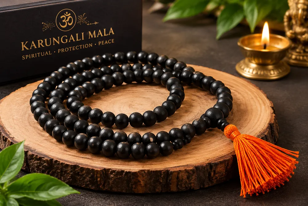 Natural Black Karungali Ebony Wood Beaded Japa Mala नॅचुरल करुंगली (एबोनी वुड) माला 108+1 For Unisex Lab Certified