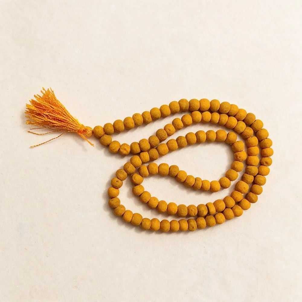 Natural Turmeric Wood Beaded Prayer Mala With Tassel For Unisex