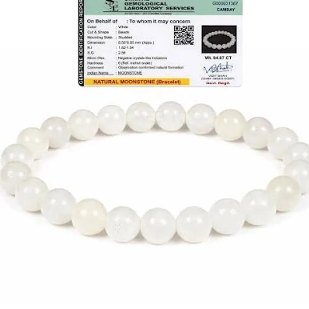 Natural White Moonstone Gemstone Beaded Bracelet For Unisex with Lab certificate — view 3