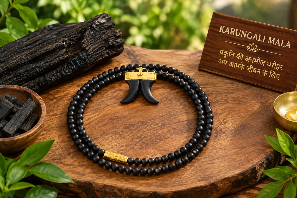 Original South Indian Karungali Mala | Energized | Premium Quality | नॅचुरल करुंगली (एबोनी वुड) माला 108+1 Ebony Tiger Teeth Pendant For Men And Women: with Lab certificate — view 3