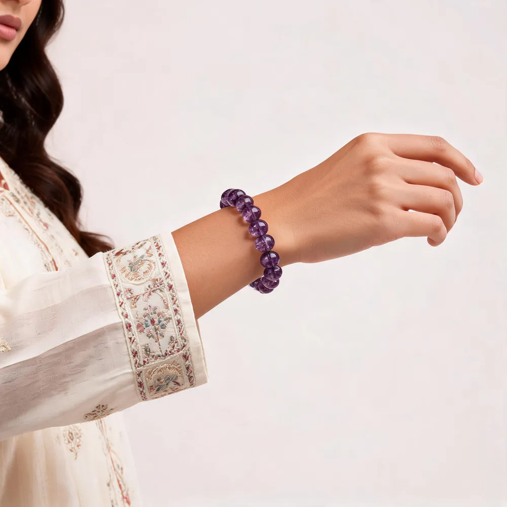 Purple Amethyst Gemstone Beaded Bracelet For Unisex — view 2
